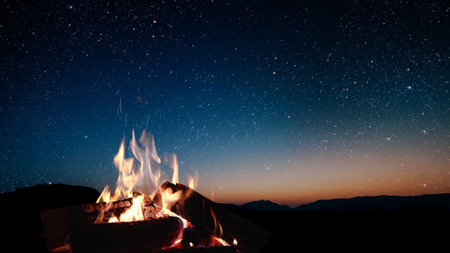 bonfire burns at night against the background of mountains and sea with bright stars..の写真素材