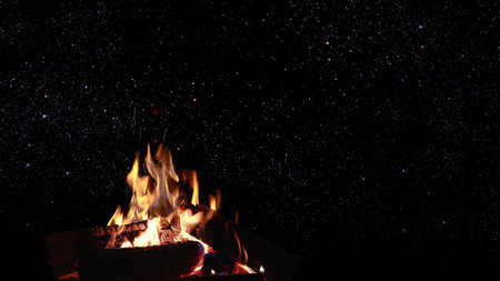 bonfire burns at night against the background of mountains and sea with bright stars..