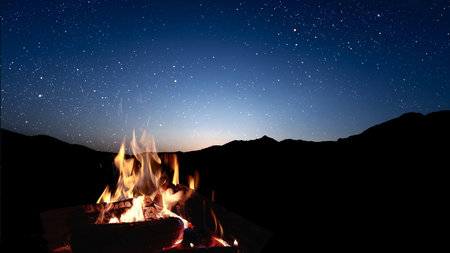 bonfire burns at night against the background of mountains and sea with bright stars...の写真素材
