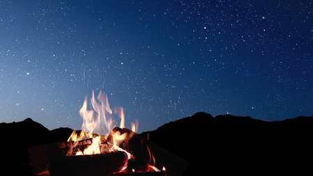bonfire burns at night against the background of mountains and sea with bright stars...