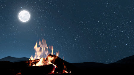 bonfire burns at night against the background of mountains and sea with bright stars...の写真素材