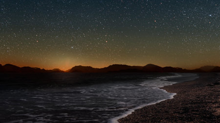 a movement of stars in the night sky with the view of mountains.