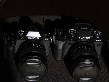 Comparison of Fujifilm X-T4 and X-S10 black cameras. The best cameras for videographers. Light...