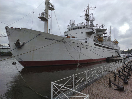 The ship at the pier at sunset, near the embankment. Exhibition marine vessel. Huge cruise ships in Svetlogorsk.の写真素材