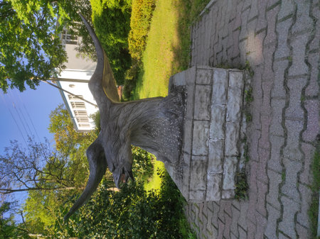 Kaliningrad nature in the city, a park with trees, a river and a fountain. Picturesque urban nature.の写真素材