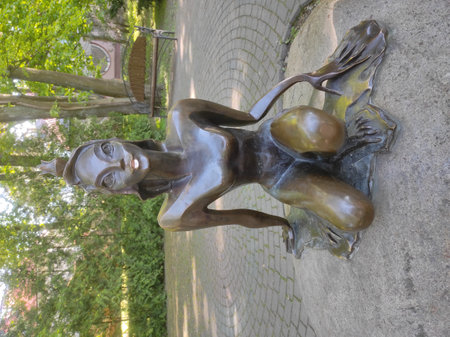 Kaliningrad nature in the city, a park with trees, a river and a fountain. Picturesque urban nature.の写真素材