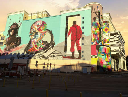 Building (house) with graffiti in Moscow. Russia, graffiti (image) on the structure. Drawing of astronauts and abstract images.のeditorial素材