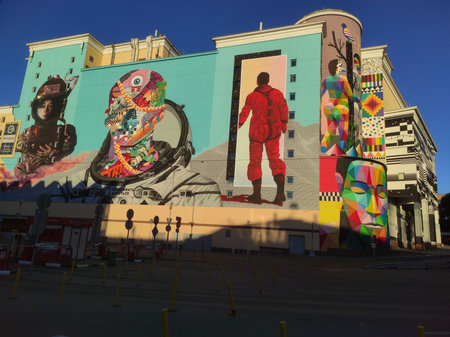 Building (house) with graffiti in Moscow. Russia, graffiti (image) on the structure. Drawing of astronauts and abstract images.のeditorial素材