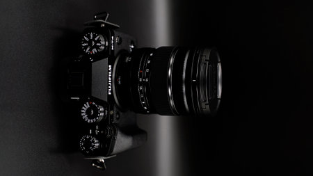 Fujifilm X-T4 kit 16-80 mm black. The best mirrorless camera. On a dark background.