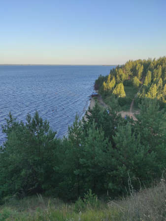 Nature near the Volga river. The coast with trees and other vegetation. The Volga River in Russia.の写真素材
