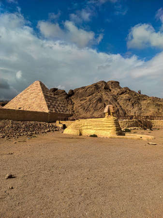 Pyramids in Egypt, ancient buildings and monuments. Statues in mini Cairo.の写真素材