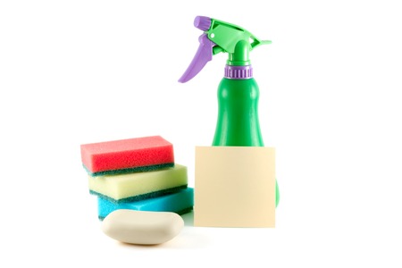 Set for washing dishes with soap, sponges and sprayer.の写真素材