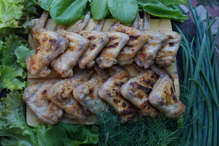 Chicken barbecue and lots of greeneryの写真素材