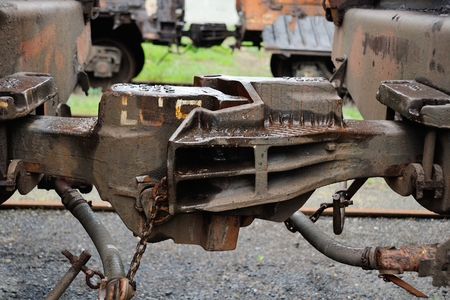 Automatic coupling of railway cars close-up. railway transportの写真素材