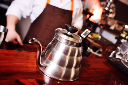 Preparing pour over coffee. Modern coffee making conceptの写真素材