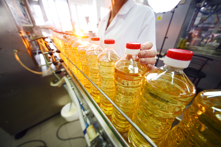 Sunflower oil. Line for the production and bottling of refined oil from sunflower seeds. Conveyor of food industryの写真素材