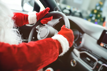 Santas hands in red gloves holding the steering wheel of a car.