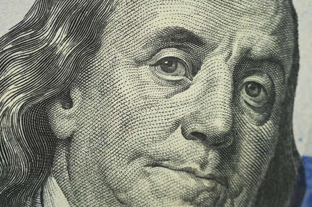 portrait of Benjamin Franklin on the new one hundred US dollarsの写真素材