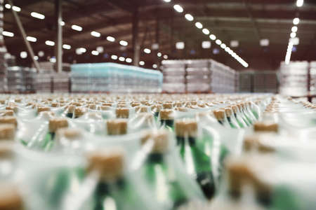Food industrial warehouse for storage and storage of tetrapacks with drinks, water, beer in plastic...
