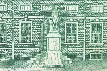Independence Hall is super close-up on a hundred US dollars banknote of a new sample.