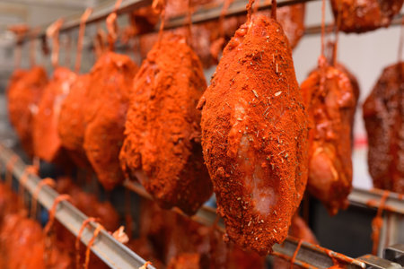pieces of pork delicacies in paprika and spices are hung on a metal rack in a meat-packing plant or butchers shop.の写真素材
