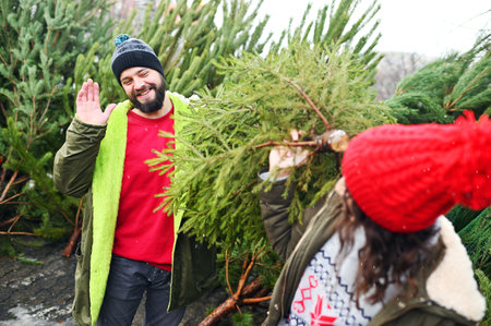 young man and woman choose a Christmas tree in a Christmas tree shop.