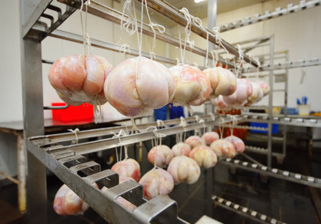 raw unprocessed pork of round shape hanging on a rope in a meat factory