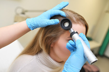 dermatologist trichologist examines the hair structure of a young womans patient using an optical...