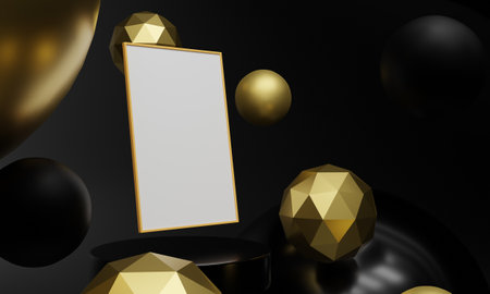 abstract background. Template with 3D elements. Design with geometric shapes of gold and black color