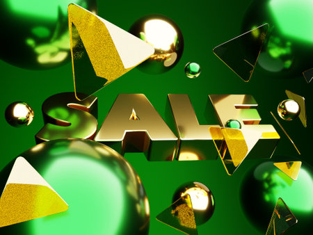 3d rendering of gold discount sign template flies forward behind broken glass with Christmas balls around on green backgroundの写真素材