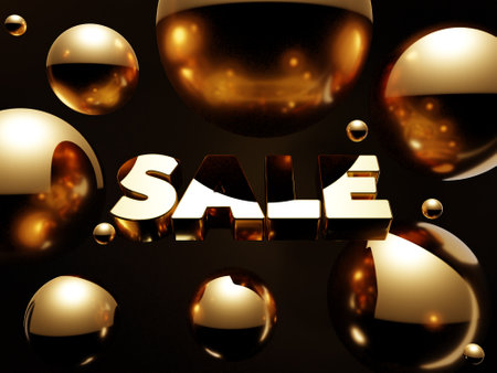 3d rendering of gold discount sign template with Christmas balls around on black background backlightingの写真素材
