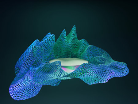 3D rendering of abstract light blue figure; design template white pedestal for the product in the center of a curved mesh pattern, dark gray backgroundの写真素材