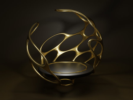 3d rendering of dark podium inside the sphere in the form of a torn gold mesh on a brown backgroundの写真素材
