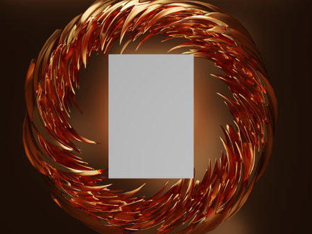 3D rendering of a template; canvas inside a metal bronze ring of spikes on a brown background