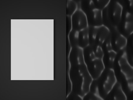 3D rendering of a template, on a gray wall on the left canvas, black matte pattern vertically on the rightの写真素材