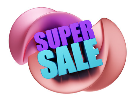 3D rendering of a template, blue and purple inscription super sale, pink smooth shapes, transparent background, neonの写真素材
