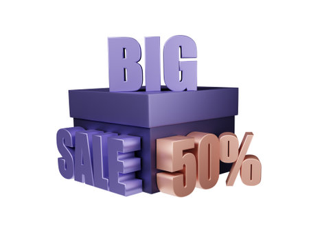 3D rendering of a template, beige discount sign, lilac box and inscription big sale, transparent backgroundの写真素材