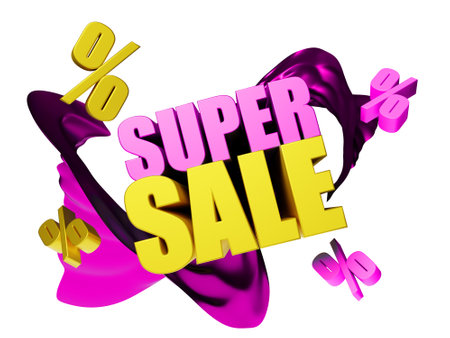 3D rendering of a template, inscription super sale, percent, abstract shapes, transparent background, in pink and yellow neonの写真素材