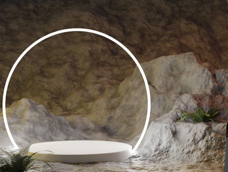 3d rendering of a template, white cylindrical podium under a luminous arch and plant against a background of stonesの写真素材