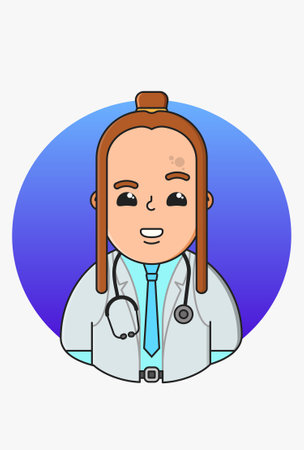 Design of a medic with brown long hair and a bun in a white coat, blue shirt, tie, belt with a stethoscopeのイラスト素材