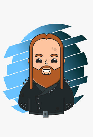 Character design with a mustache and long hair and beard in a black jacket with spiked rivets and a buckleのイラスト素材