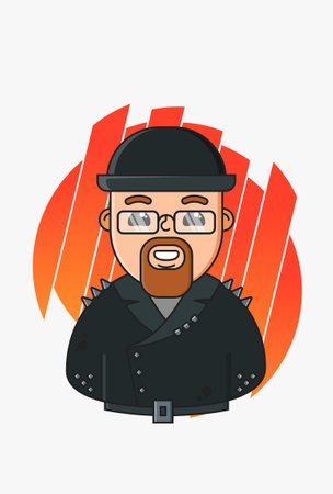 Character design with square beard and mustache in glasses and black hat and biker jacket with spikes and studs and buckleのイラスト素材