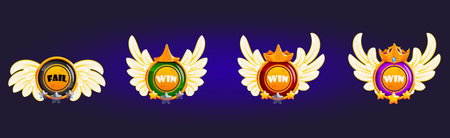 Template design of round sign for winner and loser. Collection of medallion templates with crown stars and wingsのイラスト素材