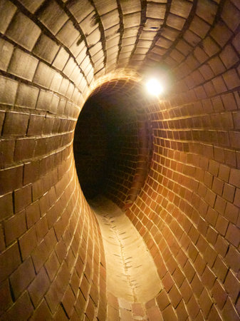 Old brick tunnel with light in the end of the tunnel. Interior of old tunnel.の写真素材