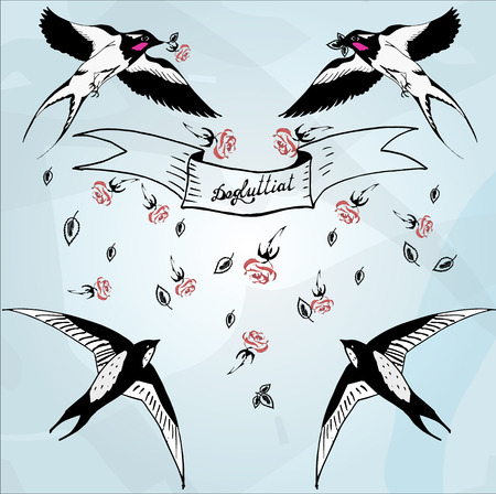Swallows and roses drawn by pen linerのイラスト素材