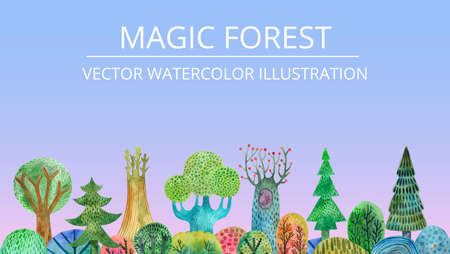 colorful magical forest with trees and mountains. hand-drawn watercolor illustration. Vector illustration for fabric, wrapping, textile, wallpaper, apparel.のイラスト素材