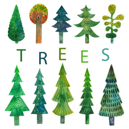 Cute set of trees in children style spruce, pine, apple tree. watercolor illustration. vector illustrationのイラスト素材