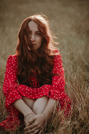 beautiful young adult woman in a red dress in the field of wheat sitting with crossed arms on her legs and looking at cameraの写真素材