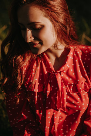 beautiful young woman in a red dress on a background of a forestの写真素材