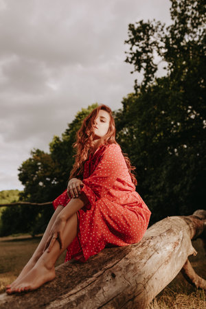 Pretty young adult woman in a red dress with white dots with red hair sitting on a dry fallen tree and posing on a camera. Female model touching her hair, head and faceの写真素材